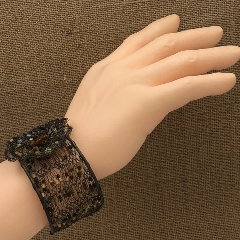 🌼 Gun Metal Wire Art Brown Bead Flower Statement Cuff Bracelet